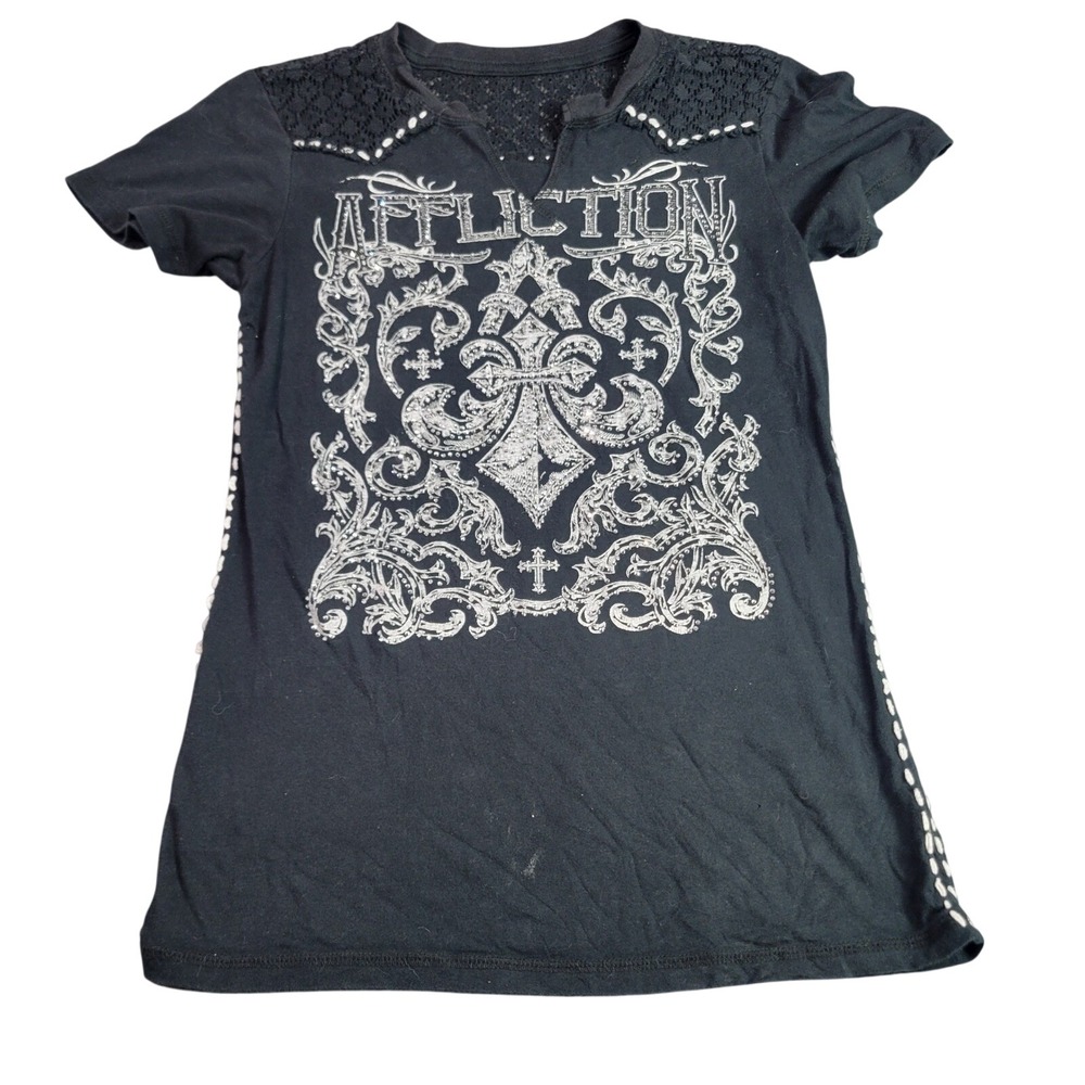 Affliction T-Shirt Womens Medium Black Silver Foil Lace Yoke Biker Rocker Goth